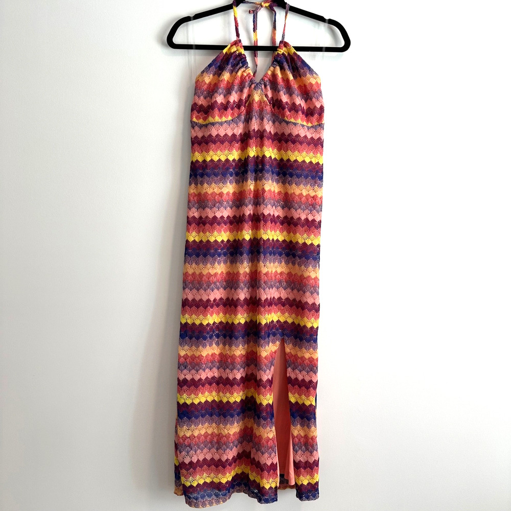 Wild Fable Crochet Halter Stripe Dress Women's Large Lace Up Back Pink Yellow